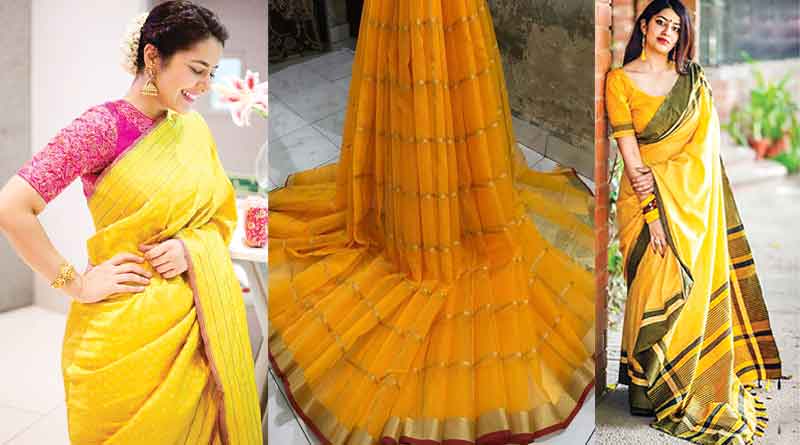 Dia Mirza is a lighted diya in a yellow saree and golden blouse by Anavila